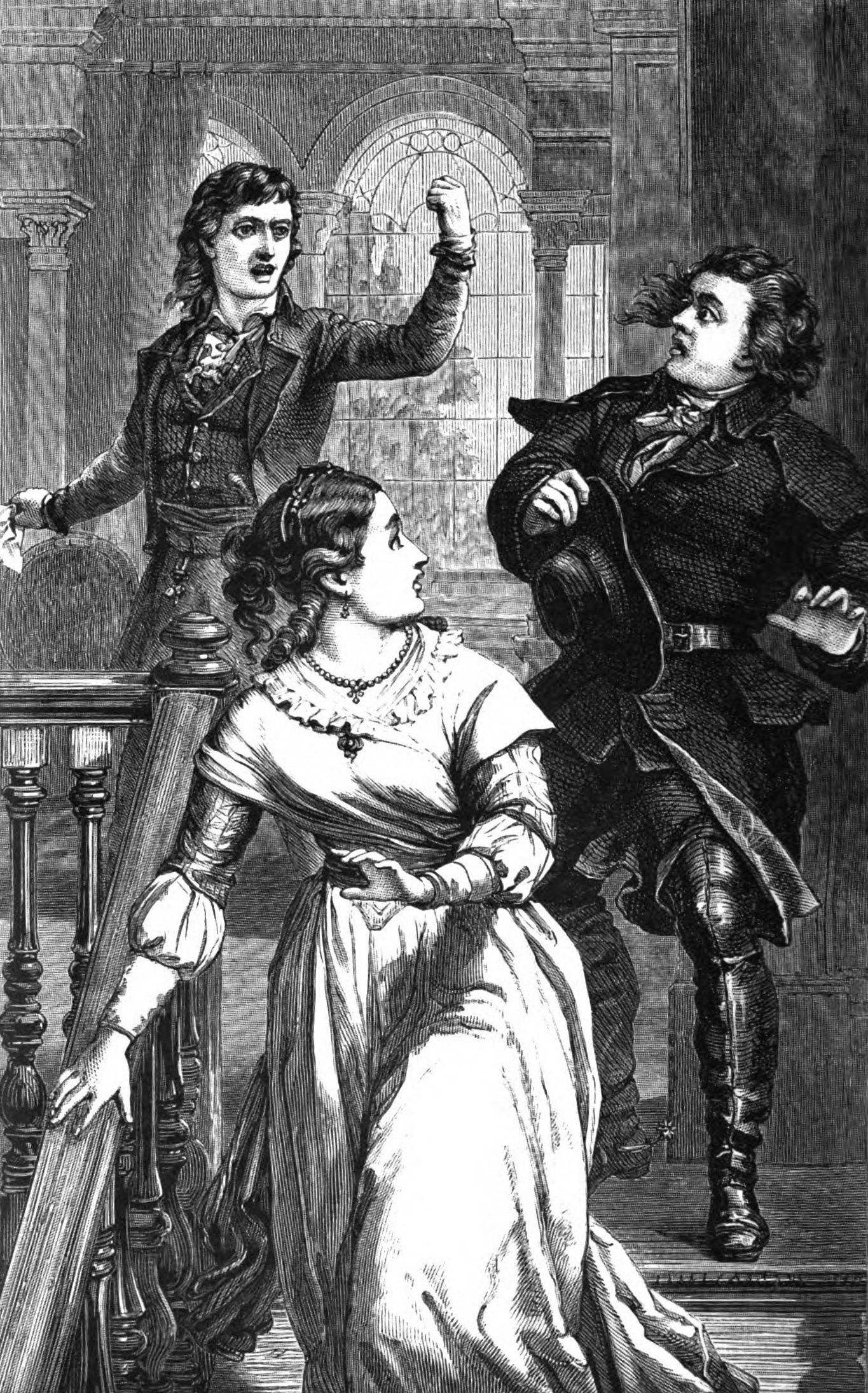 Image Description: Louis stands at the top of the stairs. He raises a fist in anger and holds a crumpled letter in his other hand. Antoine leans away from him with a terrified expression on his face. Pauline flees down the stairs and glances back at Antoine. End Description