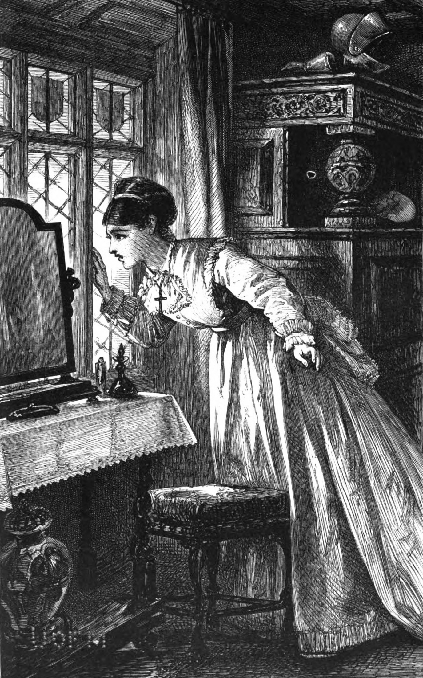 Image Description: Sarah stands near a desk by the window in a room filled with ornate, old furniture. She leans toward the window and gasps in surprise. She wears a frilly dress and a cross necklace hangs around her neck.