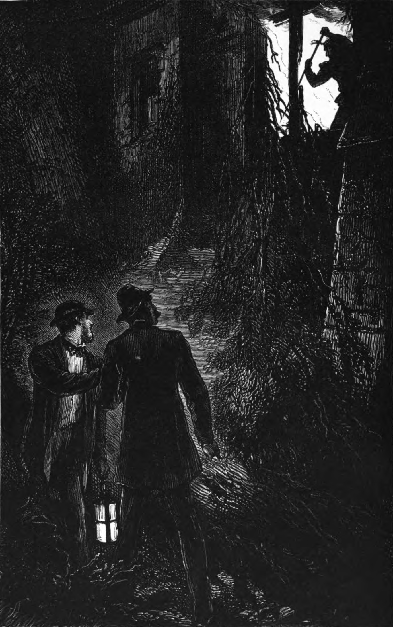 Image Description: Harry and Charlie stand outside a house at nighttime. Charlie carries a lantern. Through the window, the two men see the silhouette of someone inside against the flames within the house. End Description.