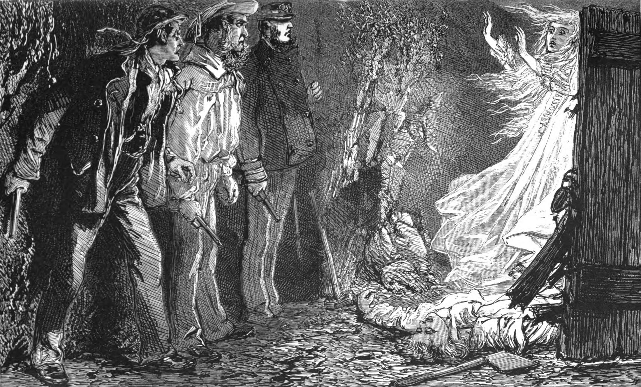 Image Description: Tom, Wilson, and Mr. Thomson stand together facing the cellar door. All three hold pistols. From behind the cellar door emerges the ghostly figure of a terrified woman. She holds her hands up in supplication. Below her lies the body of a dead young man. An axe sits on the ground near his head and the cellar door obscures the lower half of his body. End Description.
