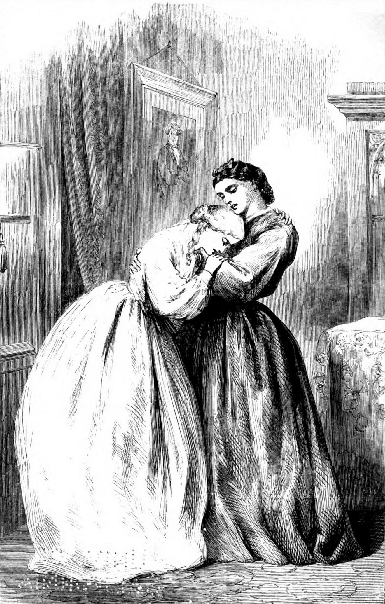 Image Description: Two people stand close to each other in an interior room. Elsie, a blonde woman in a light colored dress, leans againsst the chest of Margaret, a dark haired woman in a darker colored dress. Elsie is crying and clutching Margaret's wrist. End ID