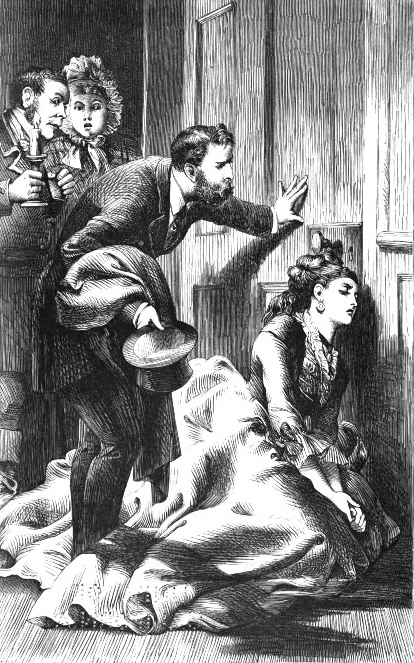 Image Description: Mrs. Connor lies unconscious against a door. Three people stand behind her. End Description.